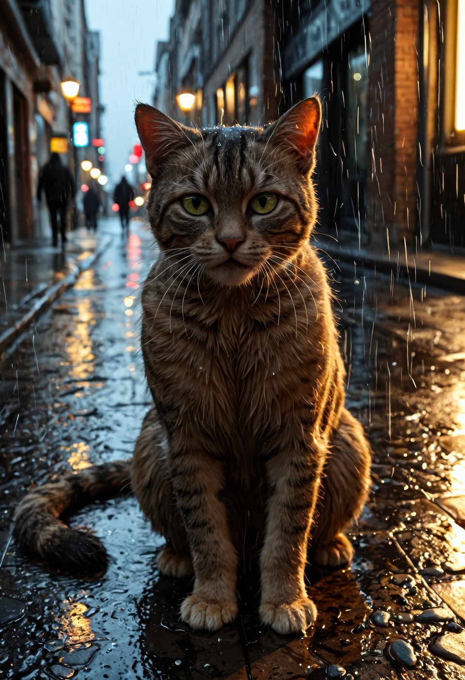ultra photo-realistic,  highly detailed image of a stray cat with a very sad face,  drenched in heavy rain on Tensor.Art
