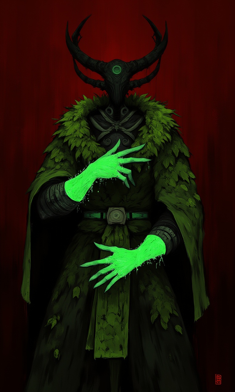 DarkPulse,  The creature's body is covered with green leaves and its arms and hands are covered in green glow giving it a...