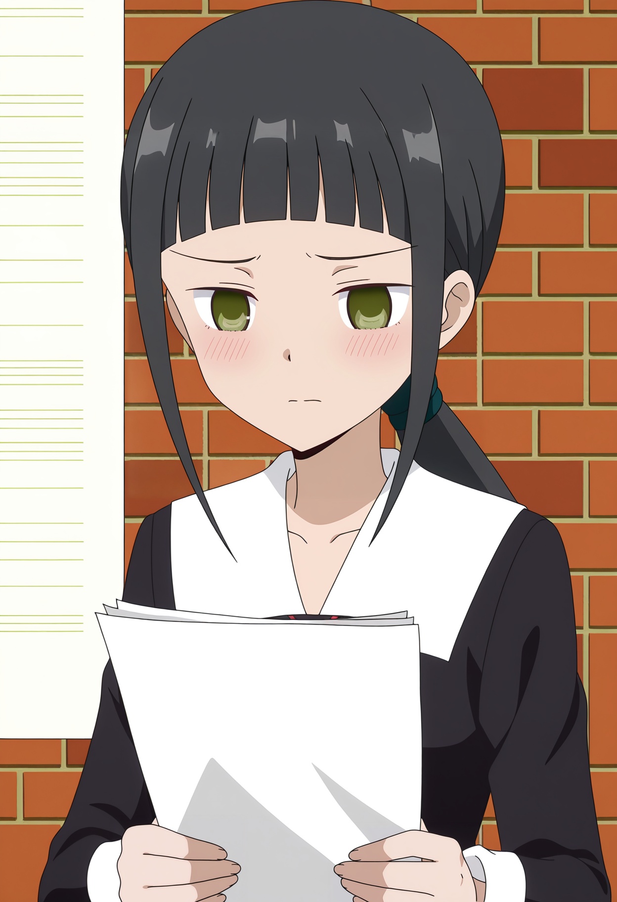 <lora:Kose Erika_illustrious-000018:1>,1girl,Kose Erika, school uniform, ponytail, parody, solo, long sleeves, paper, closed mouth, blush, dress, sidelocks, upper body, holding paper, holding, black dress, brick wall, anime screencap