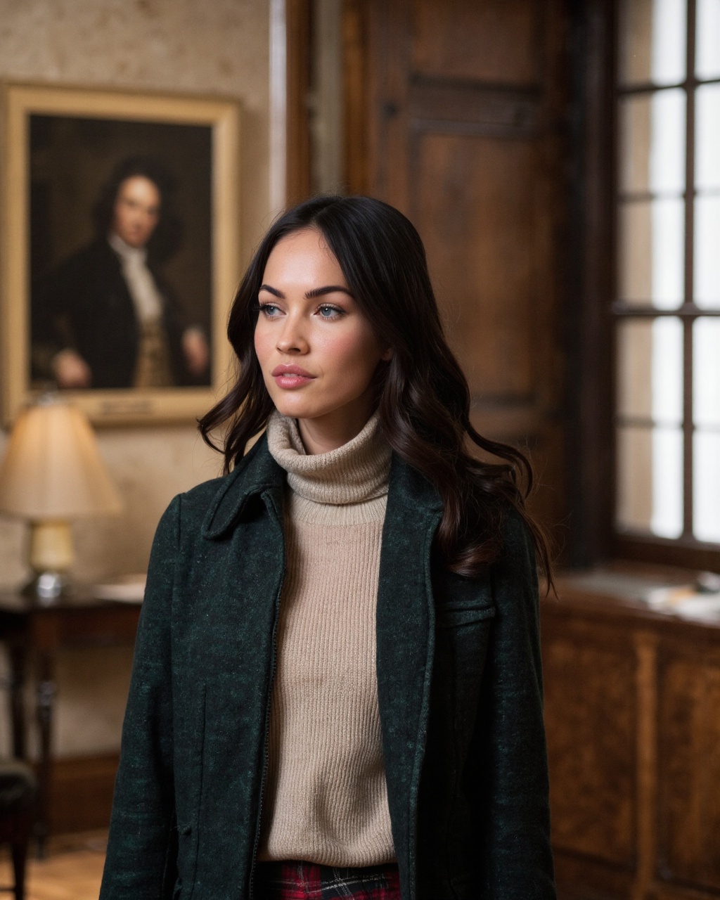 This is a high-resolution photograph of megan_fox standing indoors,  possibly in a study or library. She has a fair comple...
