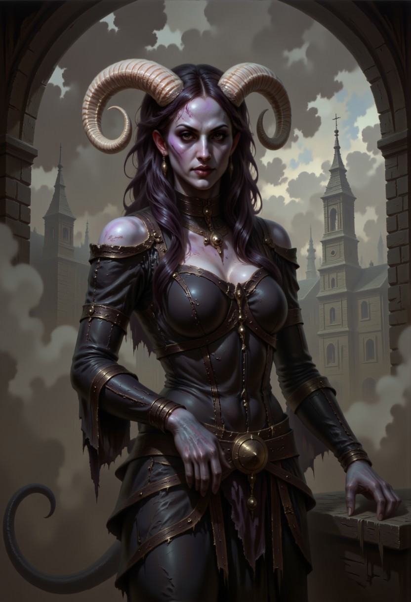DFOP-V3.0 style dark fantasy oil painting that features a purple skinned succubus,  a female demon wearing a victorian-got...