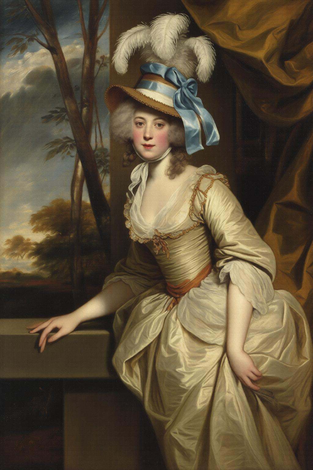 joshuareynolds2q painting.A woman in an elaborate,  18th-century style dress. She is seated beside a window,  dressed in a...