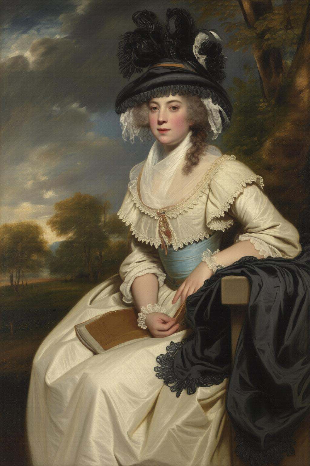 joshuareynolds2q painting.A woman in 18th-century attire,  sitting outdoors in a lush,  verdant setting. She is dressed in...