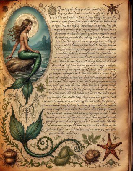 spllbkpg,  An aged and torn sheet reveals a mermaid with scales glistening in the moonlight. She is perched on a rock,  he...