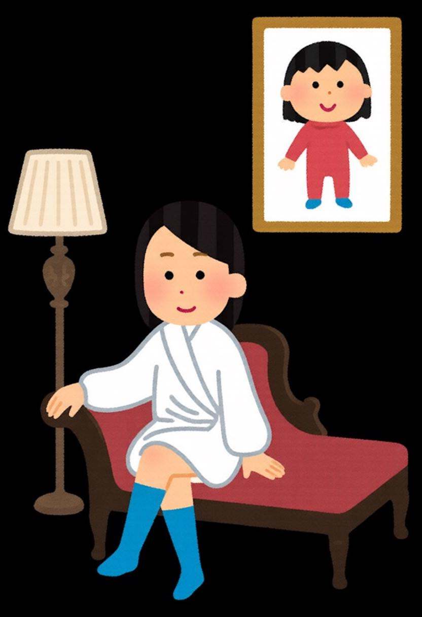 irasutoya3q illustration. A woman seated on an antique,  dark wooden chaise longue. The woman has black,  straight hair st...