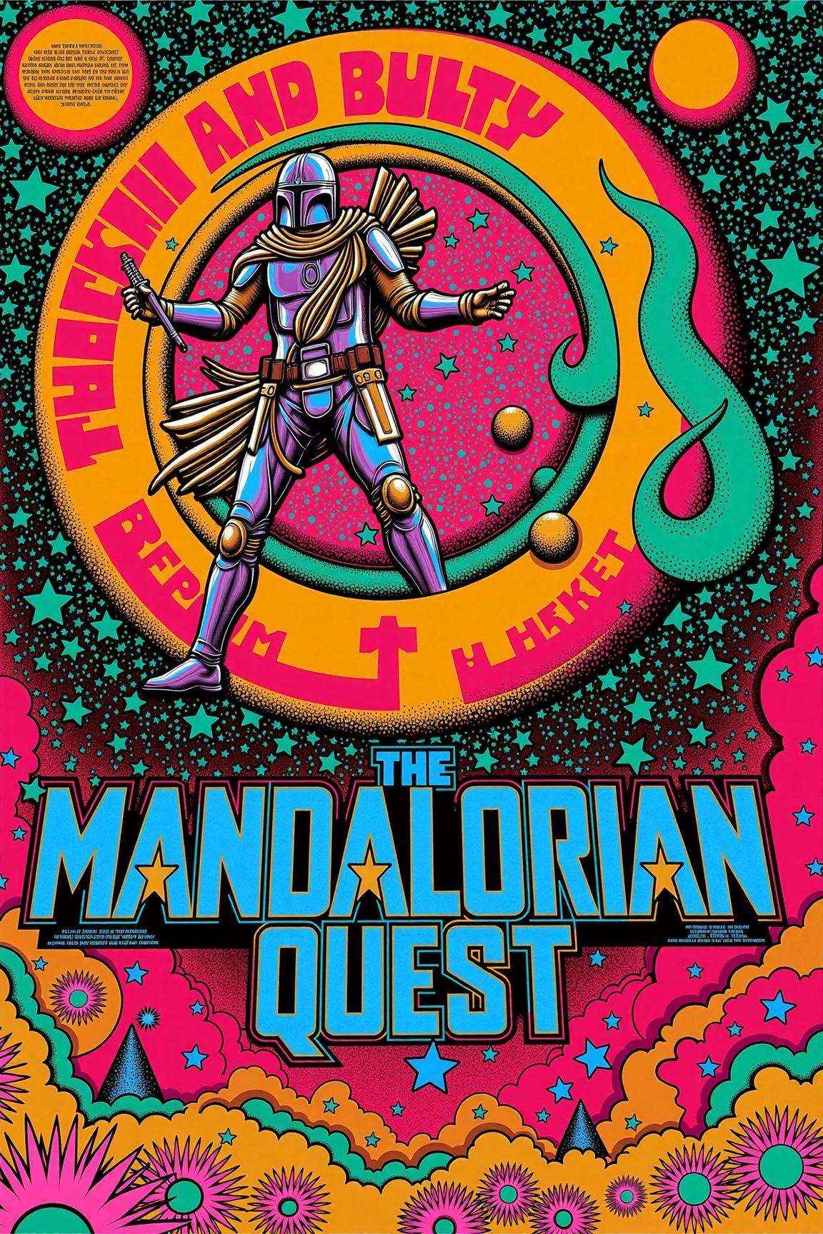 psypop,  70s psychedelic style poster of a "The Mandalorian Quest" psychedelic 1970s pop art poster,  vibrant bounty hunte...