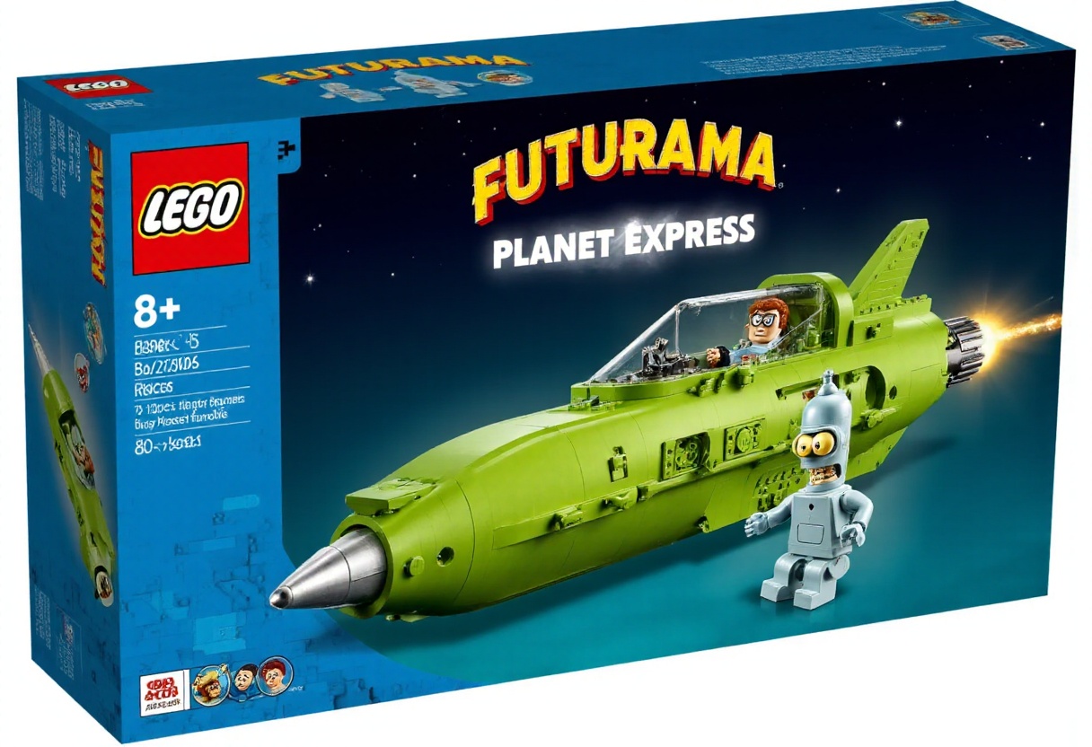 The image is a photograph of a LEGO set box,  with the Futurama logo,  and "Planet Express" written in white nuder it.. Th...
