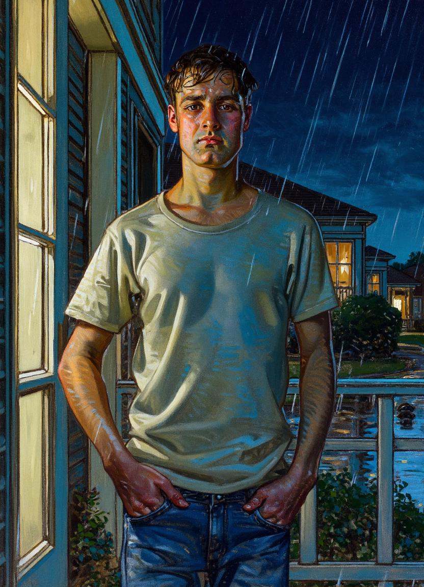 A cartoon illustration by j.c. leyendecker of a man standing in the stoop of a house. His hair is wet and he has big,  sad...