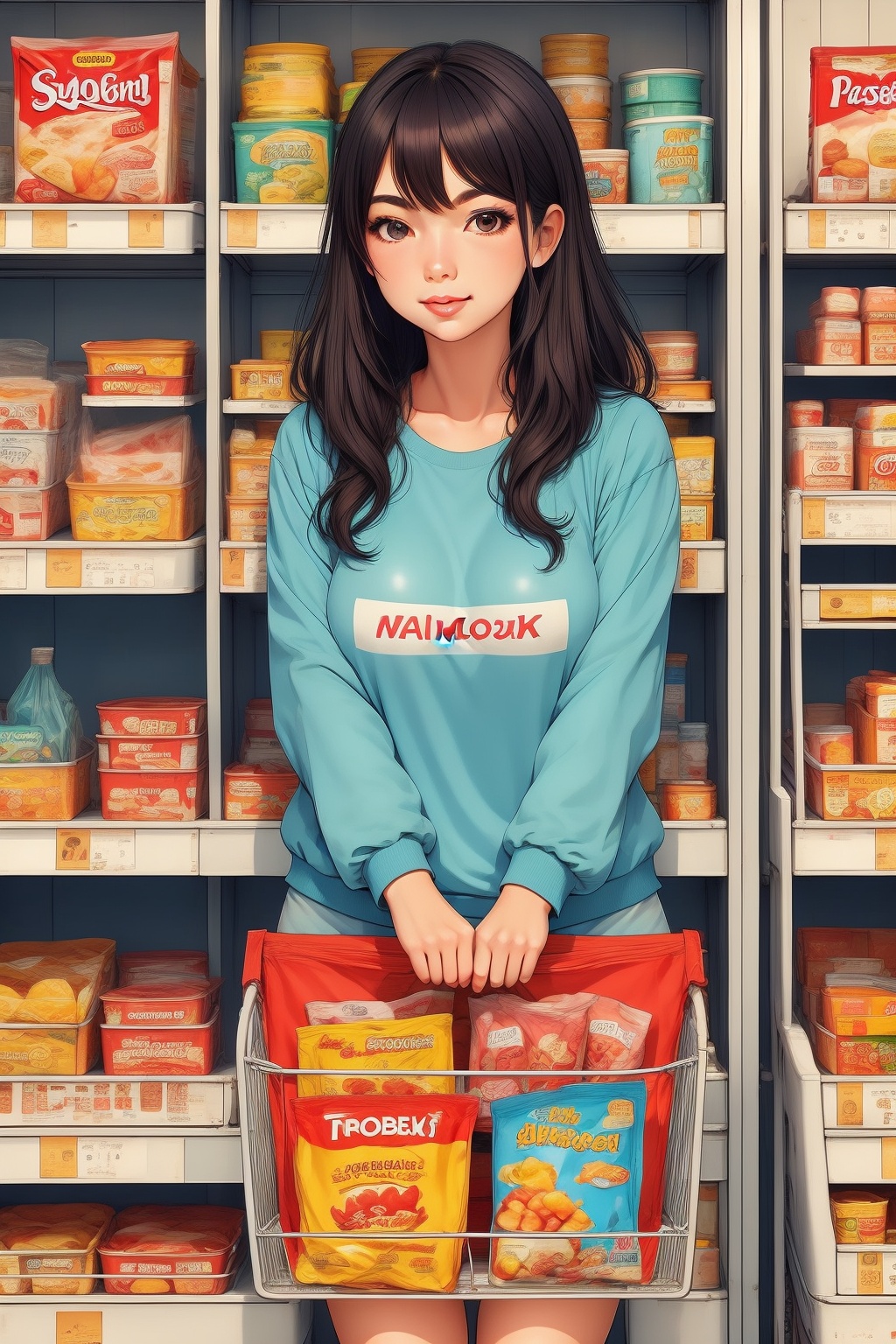 miluo, cartoon, 1girl,   <lora:迷落丨美漫风1.5-v1.12:0.7>at the supermarket