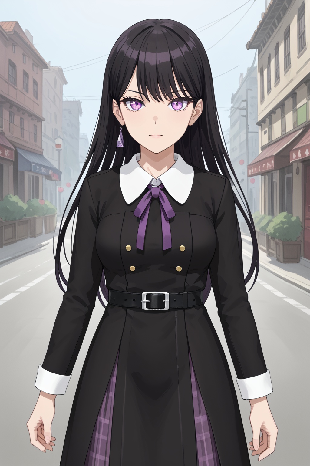 taki, 1girl, solo, long hair, bangs, black hair, purple eyes<lora:taki:0.8>