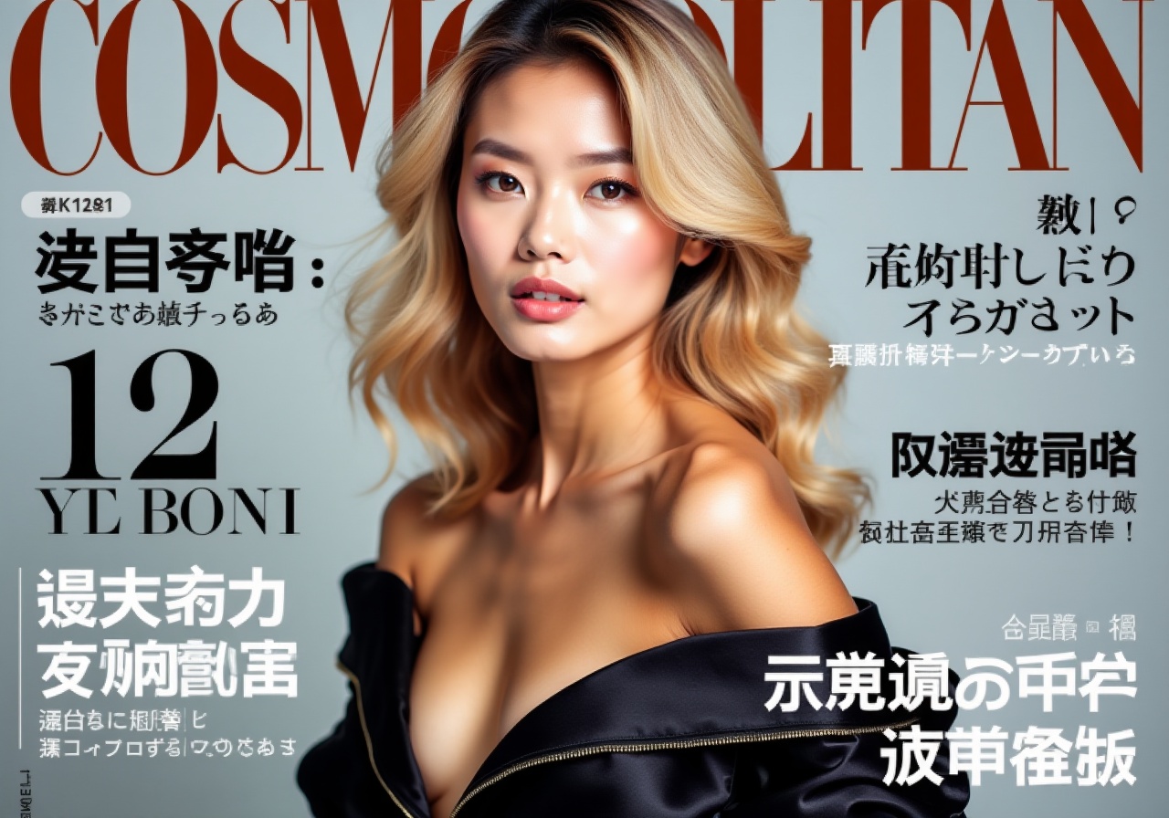 A high-fashion japanese magazine cover featuring a close-up,  upper-body shot of a beautiful blonde female model with an e...