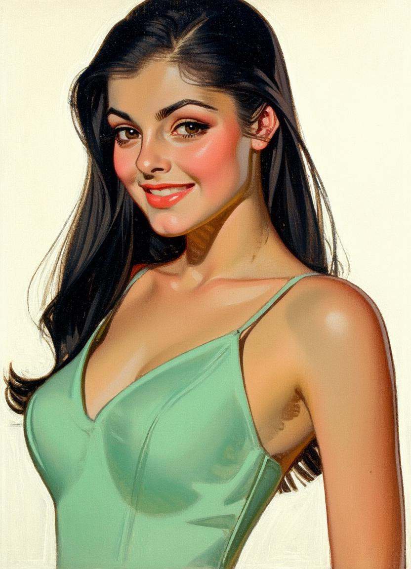 Cartoon illustration by J.C. Leyendecker of a young woman. She is wearing a mint green dress and makeup. She has long,  st...