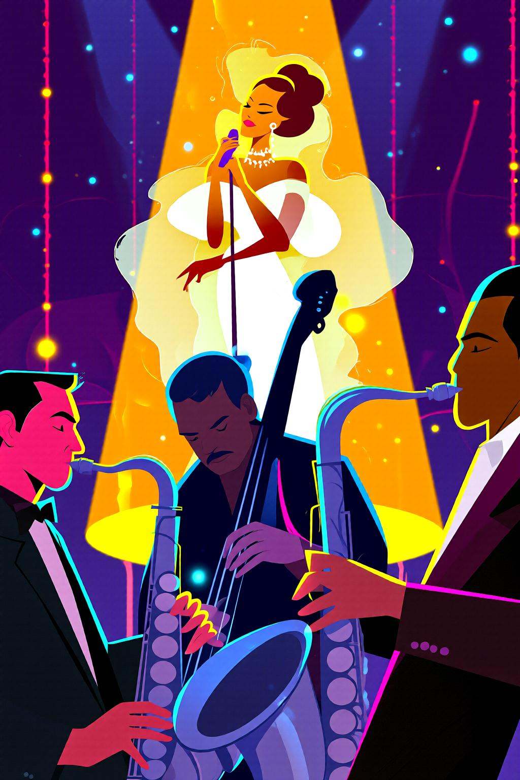 flatcolorvectorart2q illustration.A jazz band is performing. In the foreground,  a saxophonist is on the left,  a bassist...