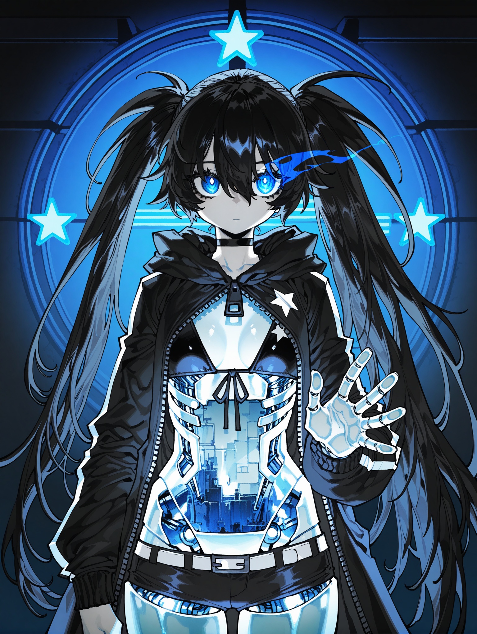 1girl ,black_rock_shooter , optical illusion, ssambatea, quasarcake, Fishine, negative space, see-through_body ,made of, tiny neon glass filaments, w0gf1l, Android, star, solo, glass skin, made of glass,neon light, detailed background, hand out frame,,masterpiece,best quality,amazing quality,