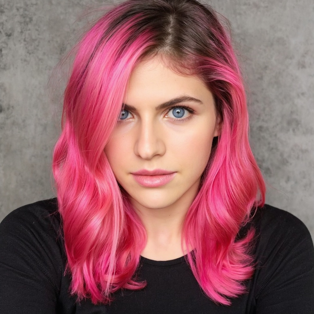 A close-up portrait of alexandra_daddario with vibrant pink hair. She has striking blue eyes and a neutral expression. Her...
