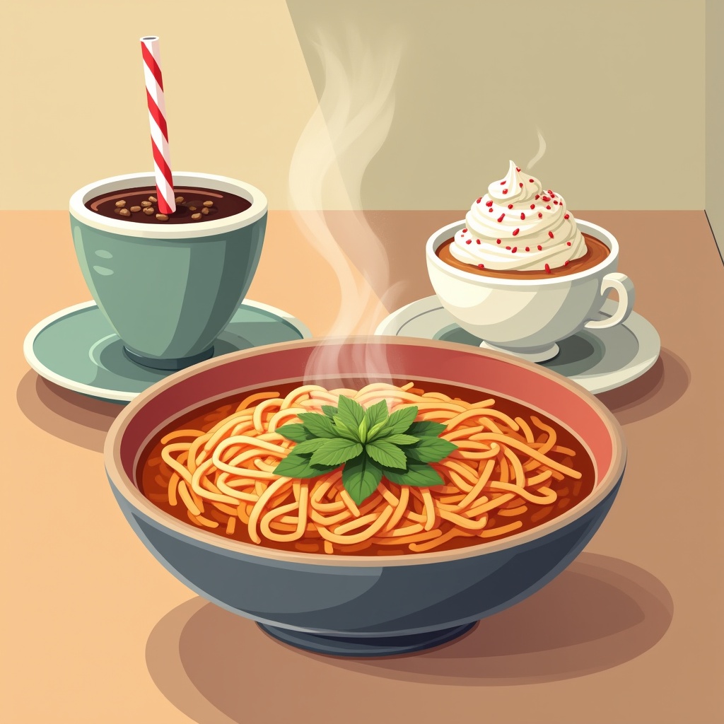 illustation,  A delightful meal scene featuring a bowl of pho,  coffee with ice and cream on top. on Tensor.Art