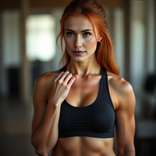 Photograph. A beautiful red haired woman. athletic and very fit. Blurry indoor background. on Tensor.Art