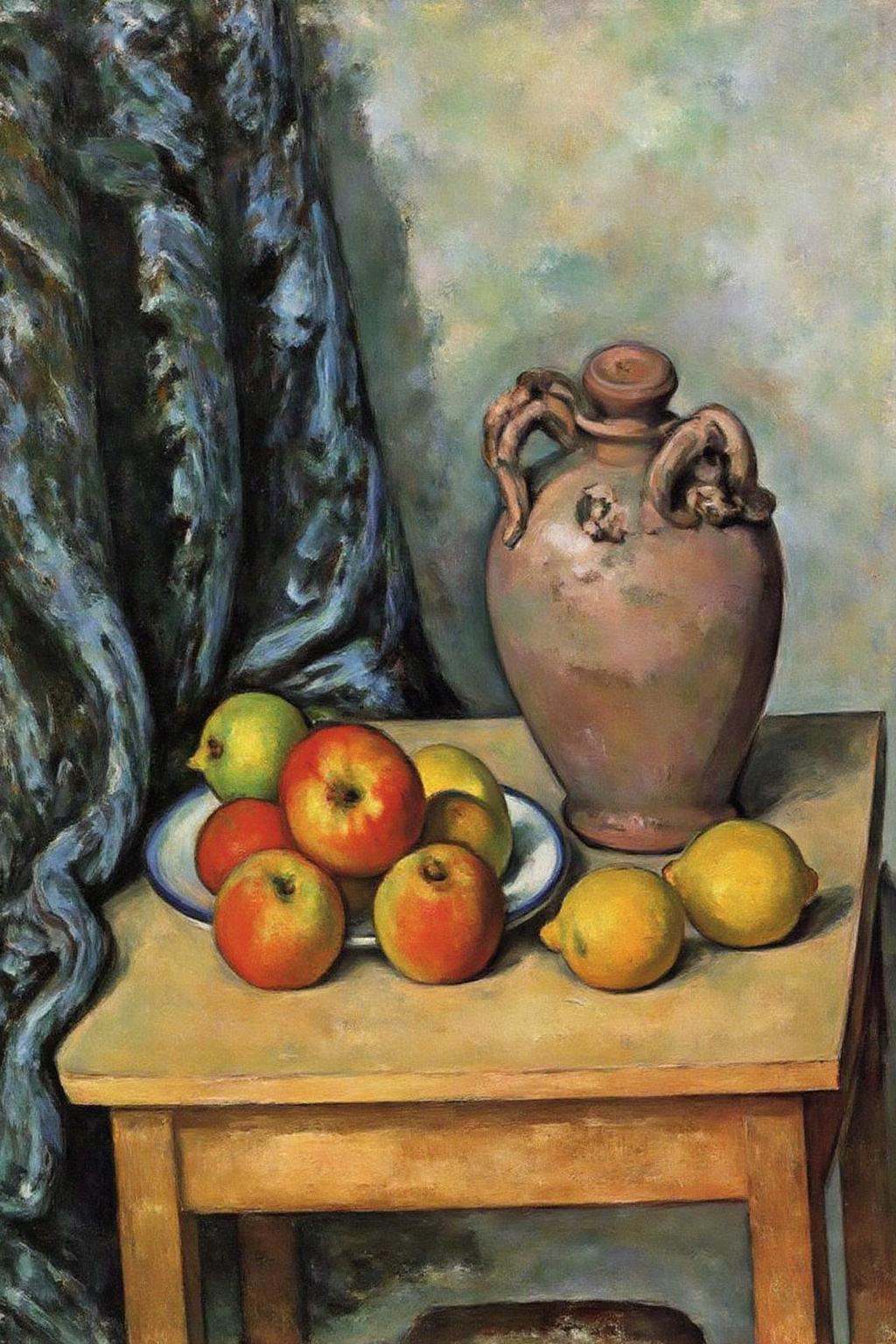 pau1cez painting.A still life arrangement on a wooden table. The are some apples,  lemons,  and an Earthenware Jar. There...