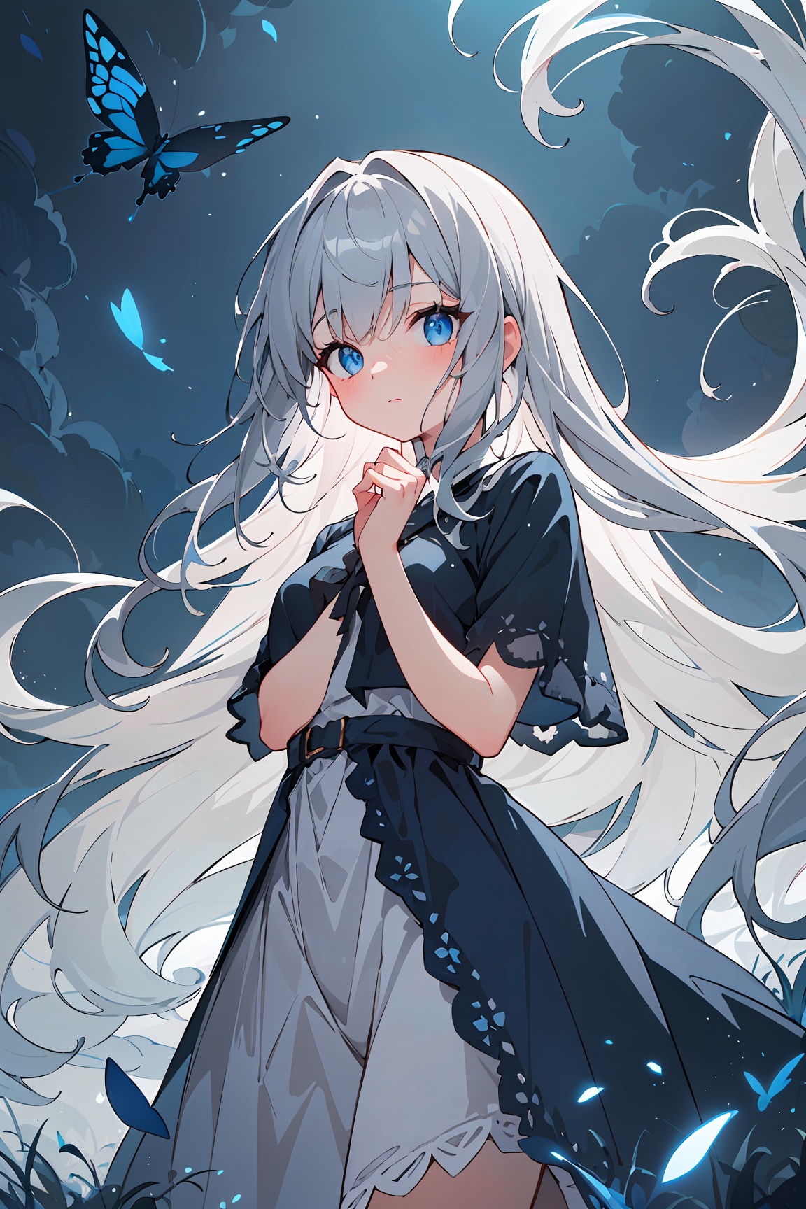 A captivating,  dreamlike anime girl standing on a fantastical night landscape filled with swirling shades of dark blue,...