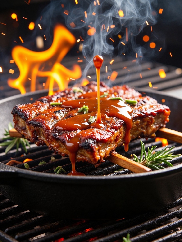 gourmet food,  Close-up photography of caramelized roasted ribs,  with the sauce pulling into amber arcs on Tensor.Art