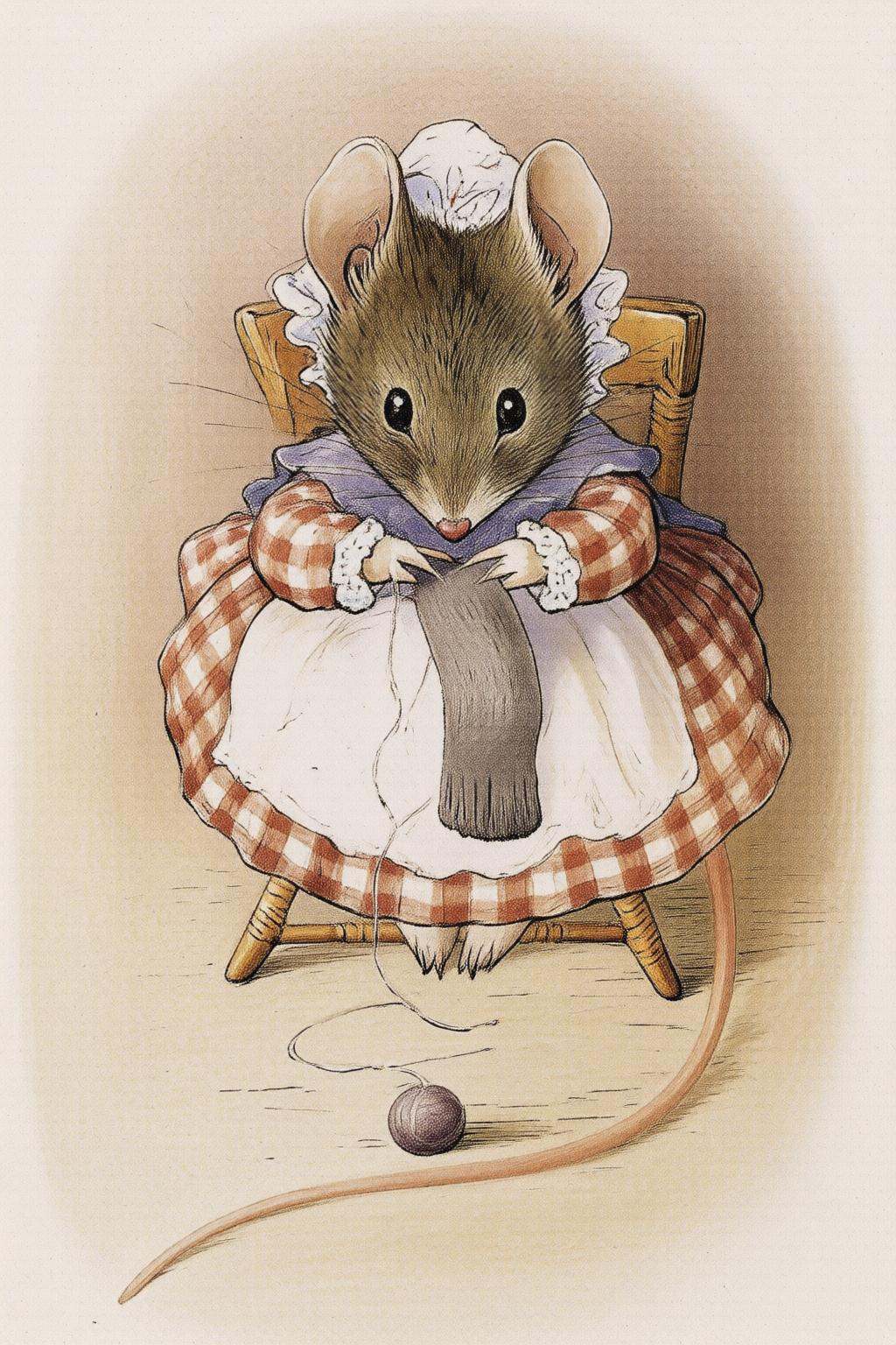 beatrixpotter2q illustration.An anthropomorphic mouse in a checkered dress with a white apron and a bonnet sits on a woode...