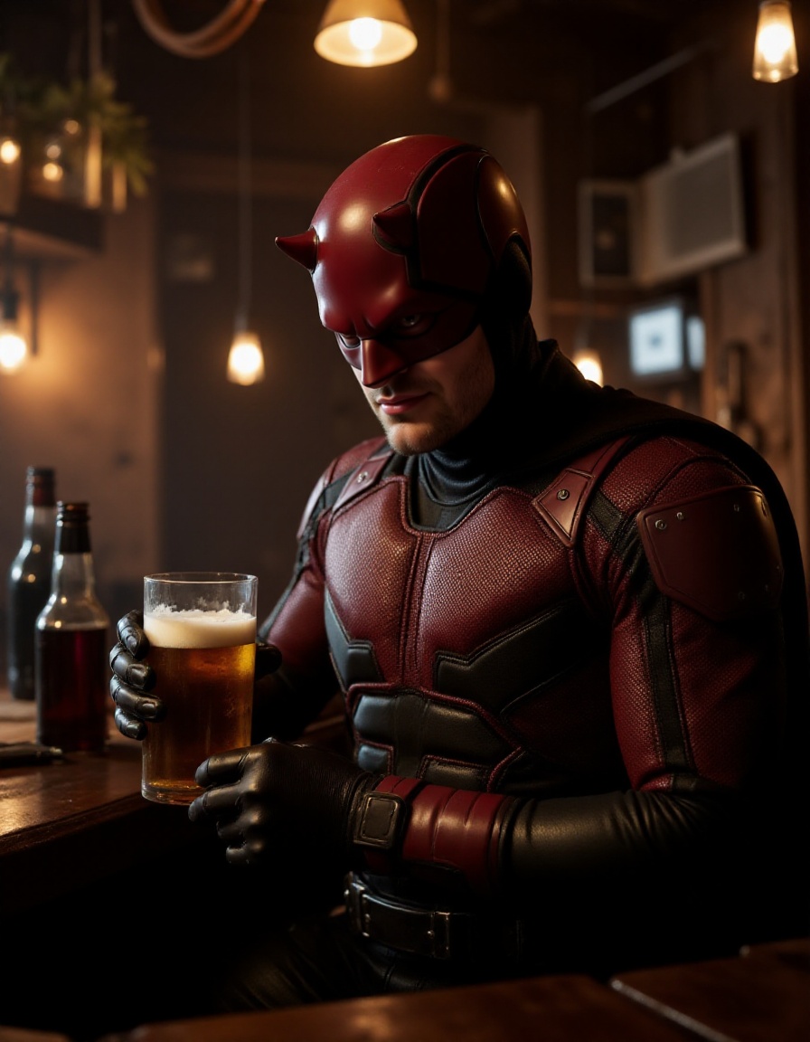 daredevil,  a aman with helmet and mask. He holds a beer in a pub on Tensor.Art