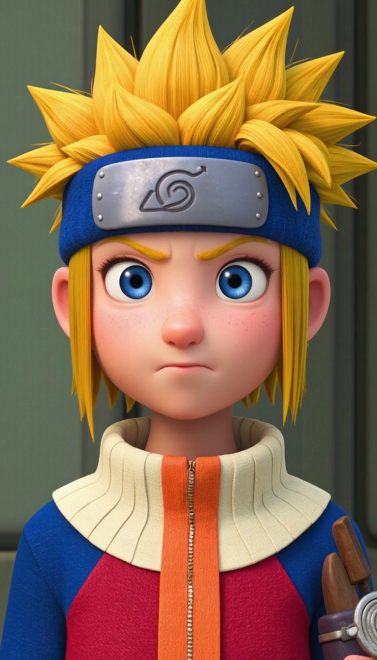 A bold and powerful character in Pixar-inspired 3D style: a fierce young woman with short,  vibrant pink hair styled with...