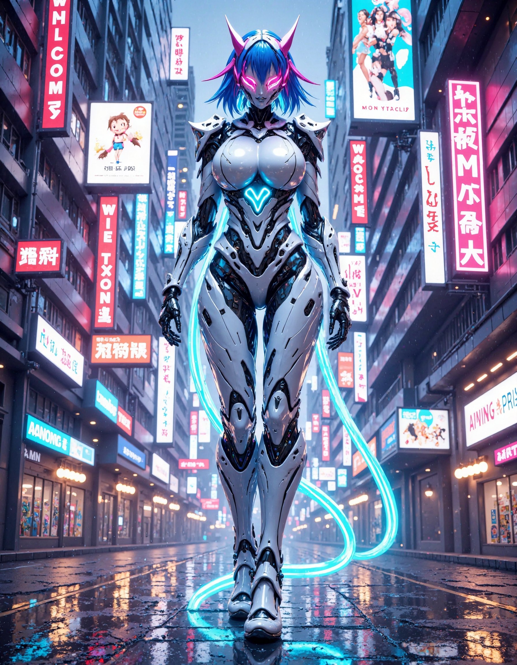 "A hyper-detailed 3D anime-style cyberpunk girl standing confidently in the center of a vibrant,  neon-lit futuristic city...