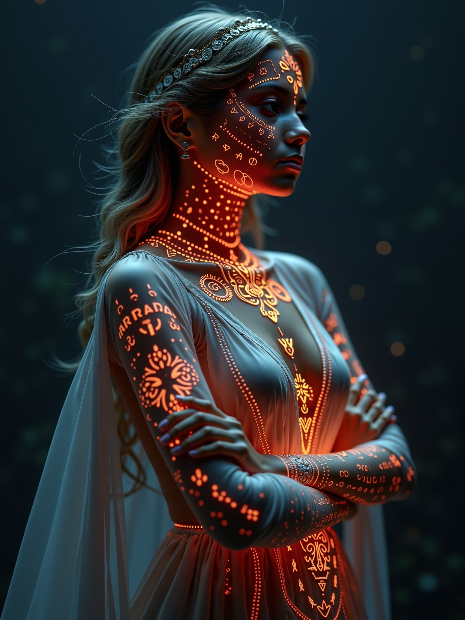 a woman has her arms crossed,  she is wearing a silky dress that is floating in the air,  the is covered in glowing celtic...