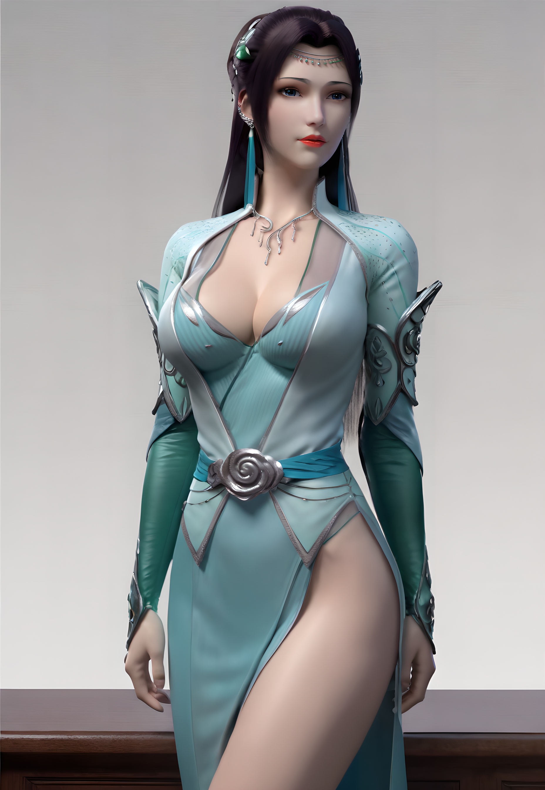 score_9,score_8_up,score_7_up,<lora:SF_YunYunGreenClothes_Pony-000004:0.7>,1girl,solo,standing,dress,breasts,large breasts,red lips,jewelry,hair ornament,earring,looking at viewer,white background,