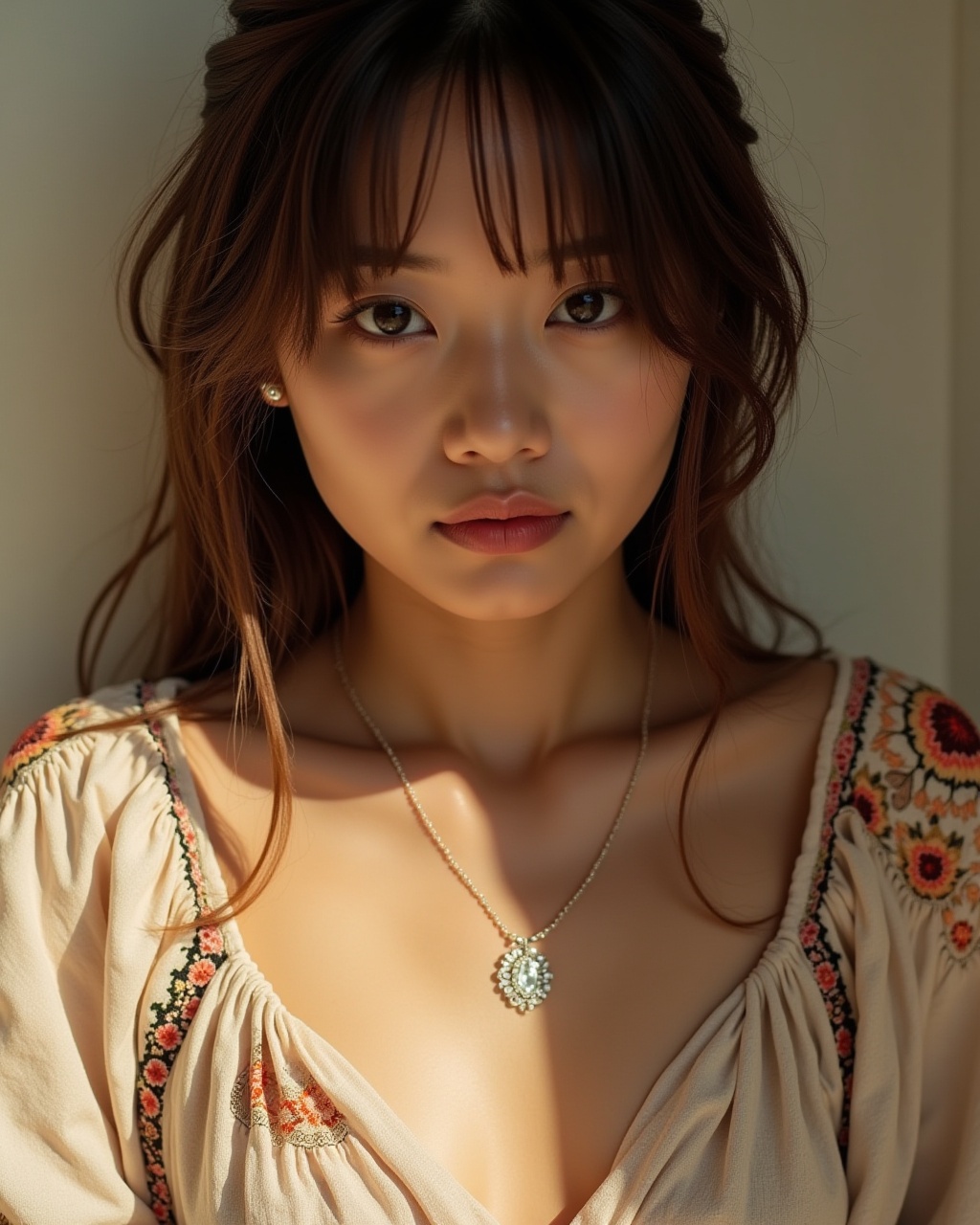 A raw photo of a K-POP asian girl wearing a style dress,  captured in a close-up shot. Her skin glows under natural light,...