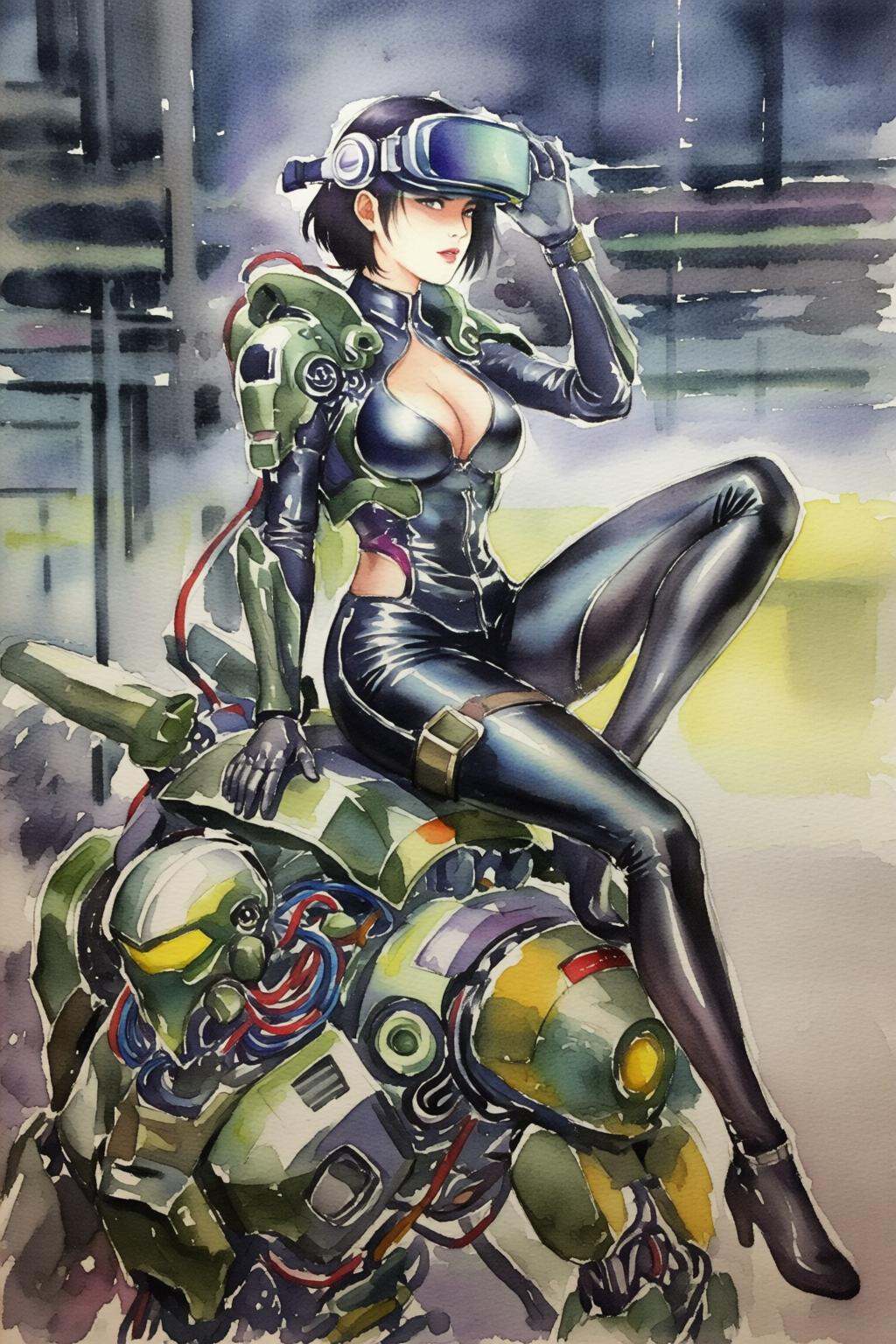 watercolorbasic2q watercolor painting. A striking,  futuristic scene depicts a woman dressed in sleek,  form-fitting leath...