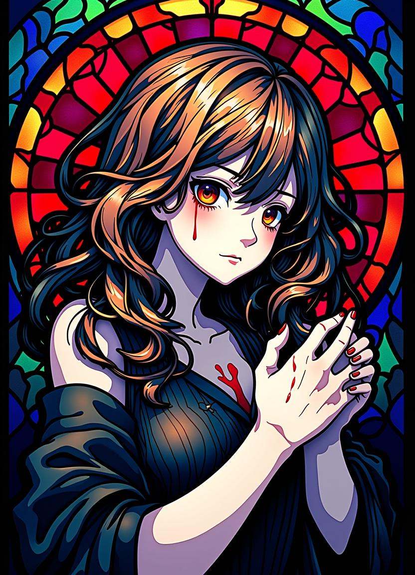 Anime stained glass style image showing A somber woman with flowing,  dark tresses drapes over her face as she weeps,  cri...
