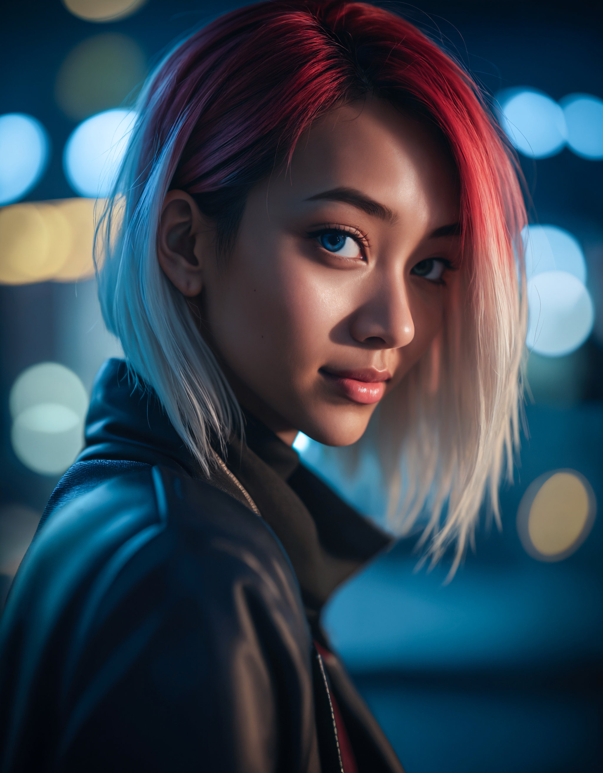 (macro) glamour shot of a beautiful asian young woman wearing a turtleneck bending forward to the viewer in front of a ove...