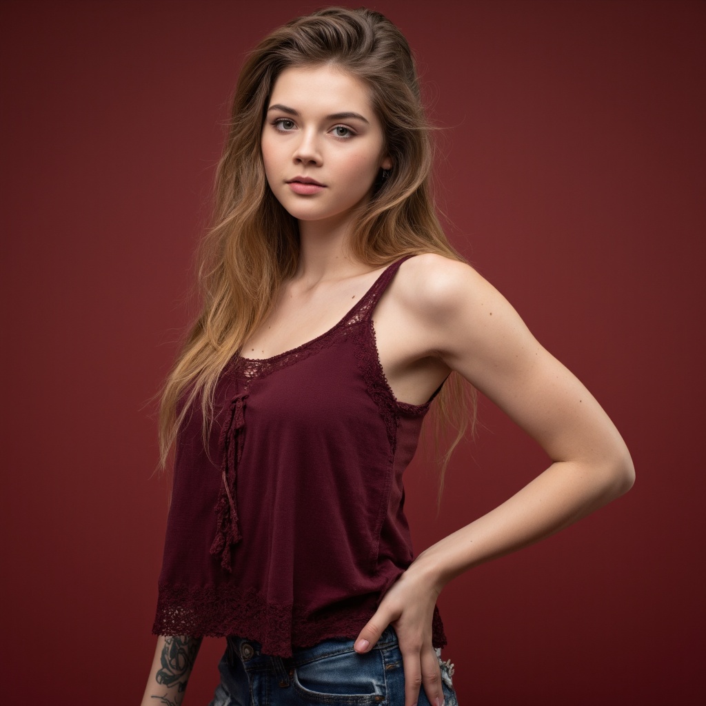 A portrait of elise_trouw with long, wavy blonde hair, set against a deep red background. She wears a burgundy **** top with lace trim and distressed blue jeans. Her pose is confident, with one hand on her hip and the other resting on her waist. The woman's gaze is direct and intense, and she has a tattoo on her left arm. The image style is contemporary, emphasizing the subject's natural beauty and the contrast between her clothing and the background.
