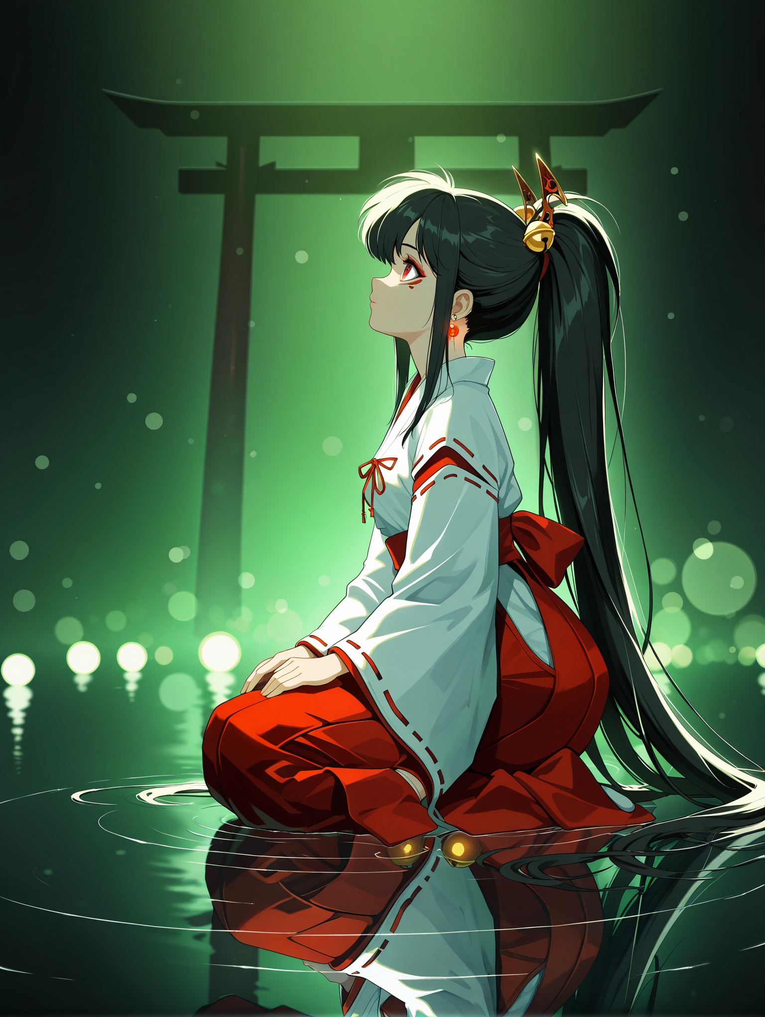 Cyberpunk, 1girl, solo, miko, white kimono, black hair, long sleeves, makeup, hair ornament, red eyes, closed mouth, very long hair, ponytail, earrings, japanese clothes, see-through, wide sleeves, ribbon trim, hakama, jingle bell, ribbon-trimmed sleeves,eyeliner, red hakama, hakama skirt, seiza, jewelry, Girl Focus, sitting, look up,firm look, night, glowing, partially submerged, ripples, reflection, reflective water, reflective floor, shallow water, green background,Torii background, From Side, profile, depth of field, bokeh,backlighting, dark_fantasy_style, dark fantasy, retro,masterpiece,best quality,amazing quality,