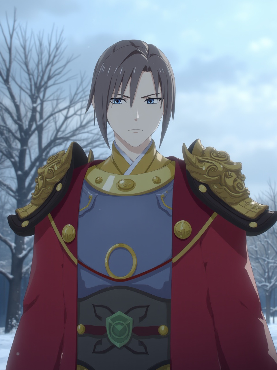 2D style,A boy in armor,outdoors,on a snowy day,black eyes,black hair,