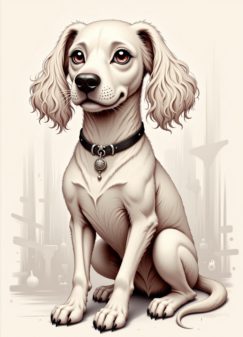 dog with style: A fluid irregular line stroke pastel drawing featuring neutral colours,  enhanced with structured shading...
