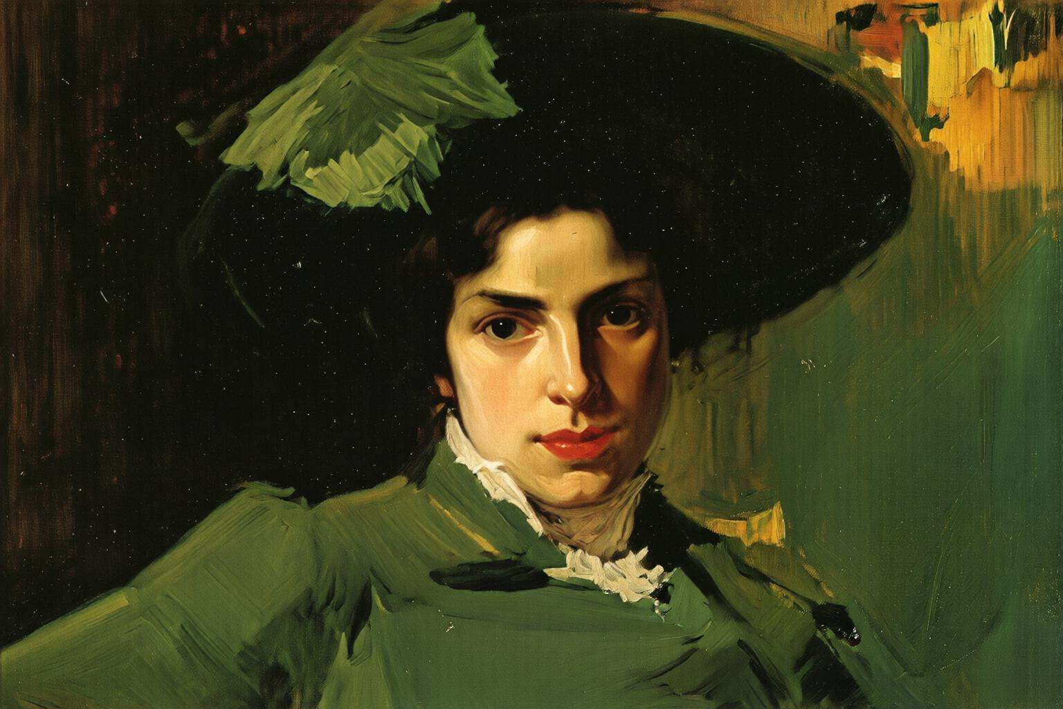 joaquinsorolla3q painting.Close-up of a Spanish woman wearing a large,  dark green hat adorned with a feather. She is dres...