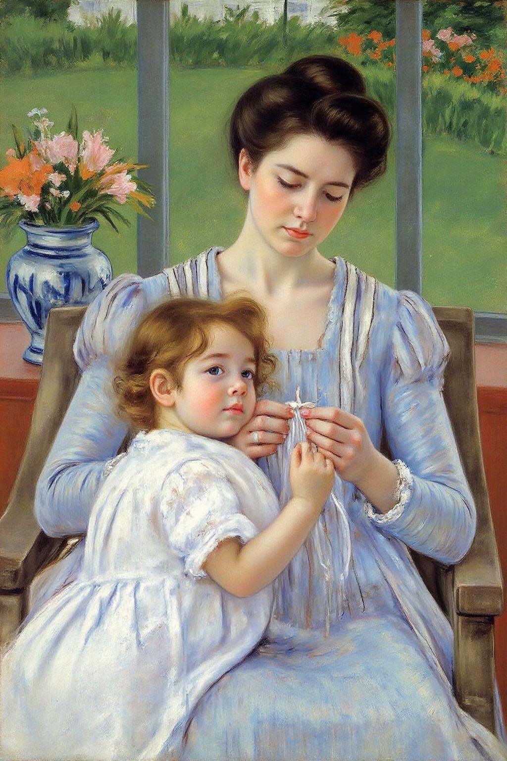 marycassatt1 painting.A tender moment between a woman and a little girl. The woman,  with a serene expression,  is knittin...