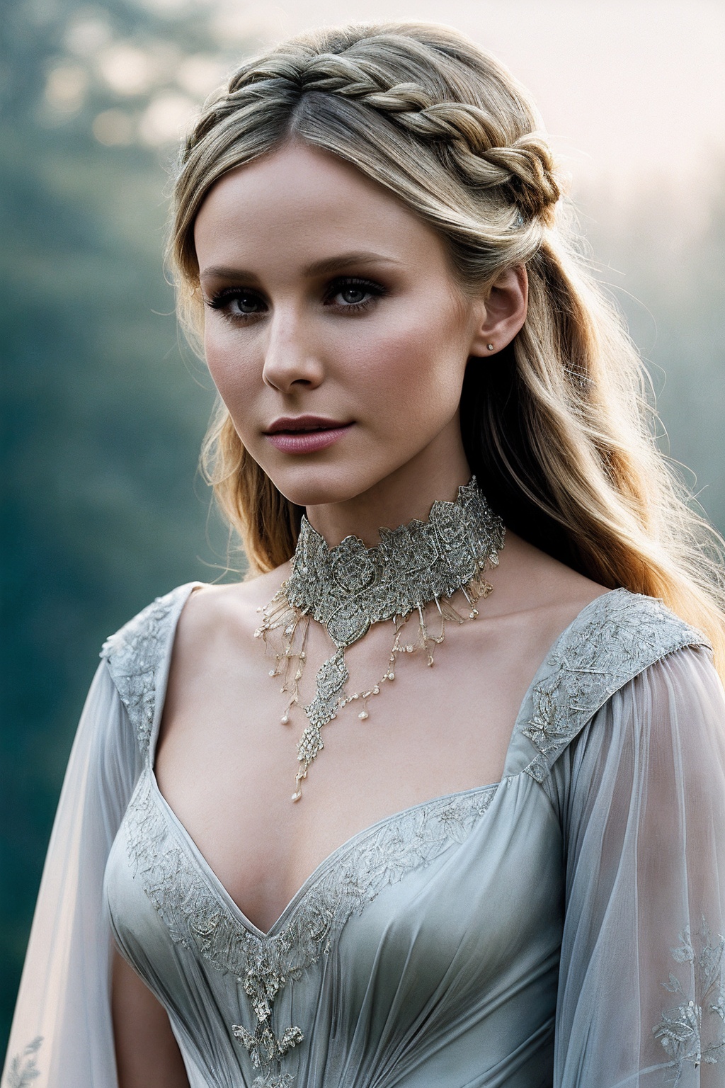 KristenB_SoloTI_v1,  (In a regal,  medieval-inspired gown adorned with intricate embroidery and flowing sleeves on Tensor.Art