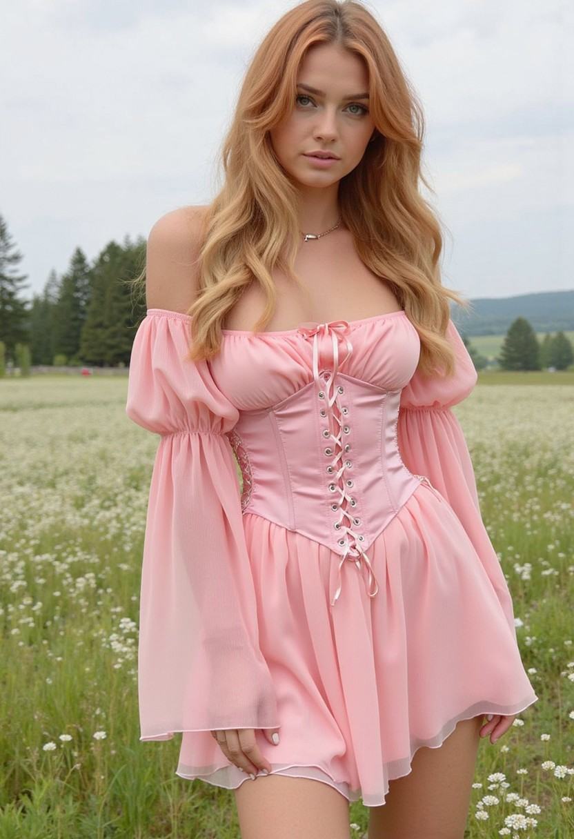 A woman with long red hair and pretty blue eyes wearing a pink C0tt@g3Dr355,  an off-the-shoulder dress with a fitted cors...
