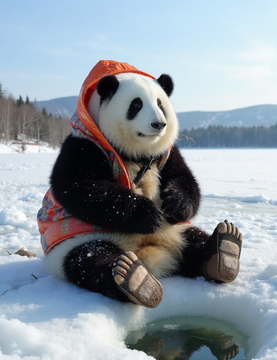 The image is a high-resolution photograph of a charming panda named Huahua,  depicted sitting on the frozen surface of a s...