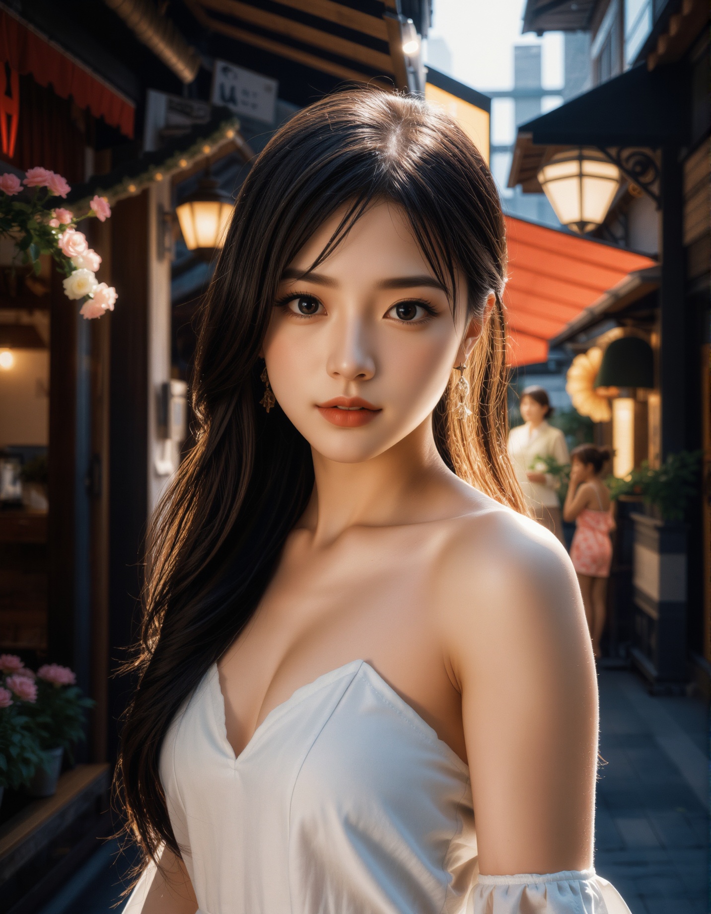 A photograph of an incredibly beautiful 18-year-old girl with long,  stylish gradient brown hair,  standing confidently at...
