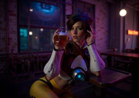 Tracer is a woman having a beer in a cyberpunk pub,  neon lights on Tensor.Art