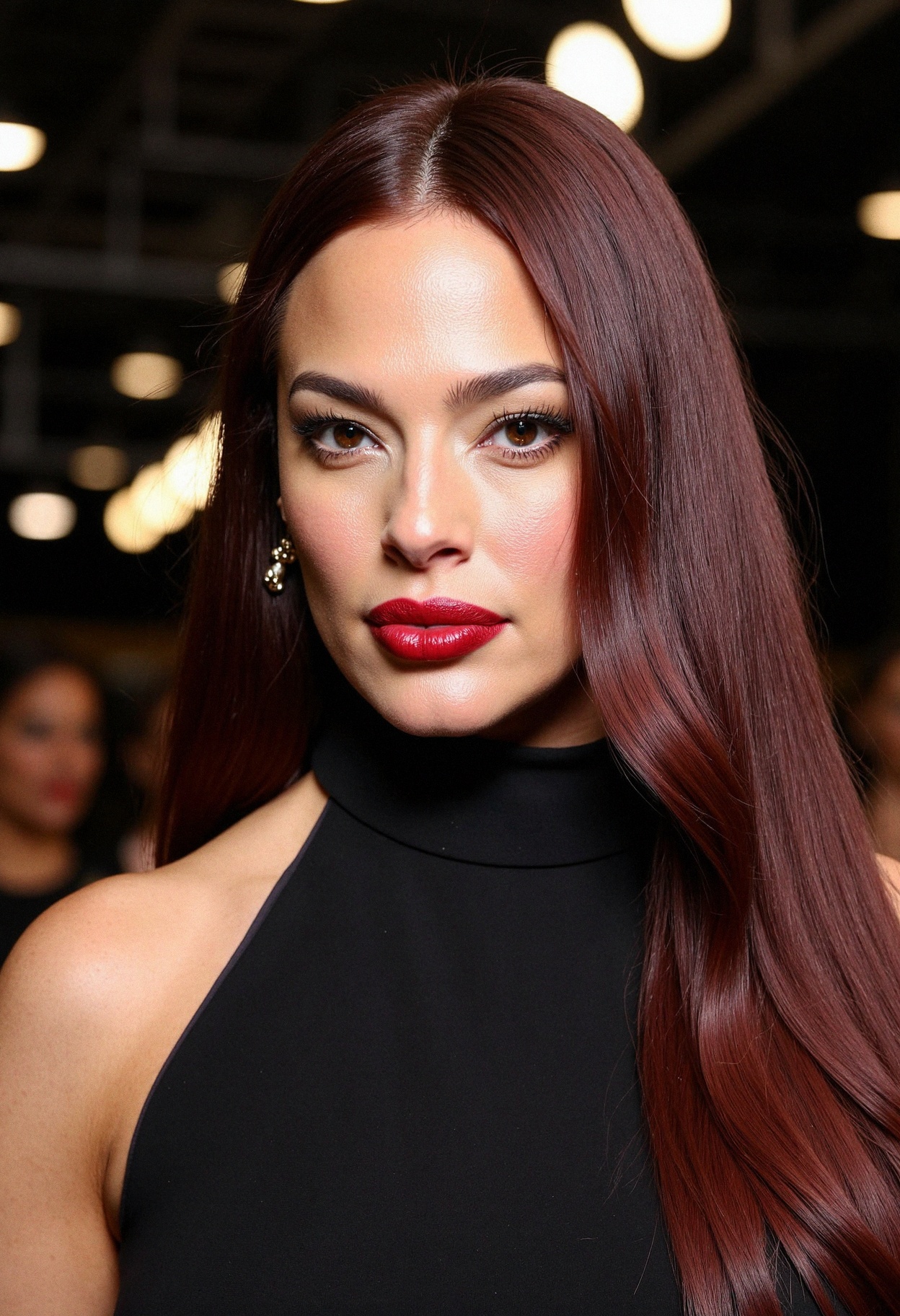 A woman at a high-fashion runway show,  embodying high-end chic. Her long,  straightened hair is fully dyed in a sophistic...