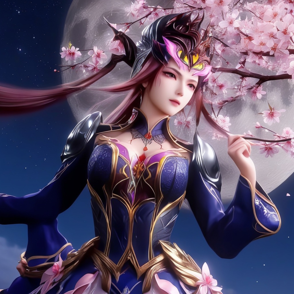 <lora:833-DA-XL-斗罗大陆-比比东-罗刹神:0.8>, (,1girl, ,best quality, ),,  ,ultra realistic 8k cg,, ,masterpiece, (( , )),, ,   ,   cure blossom, full moon,night,night sky,  (cleavage),,  (), ,,