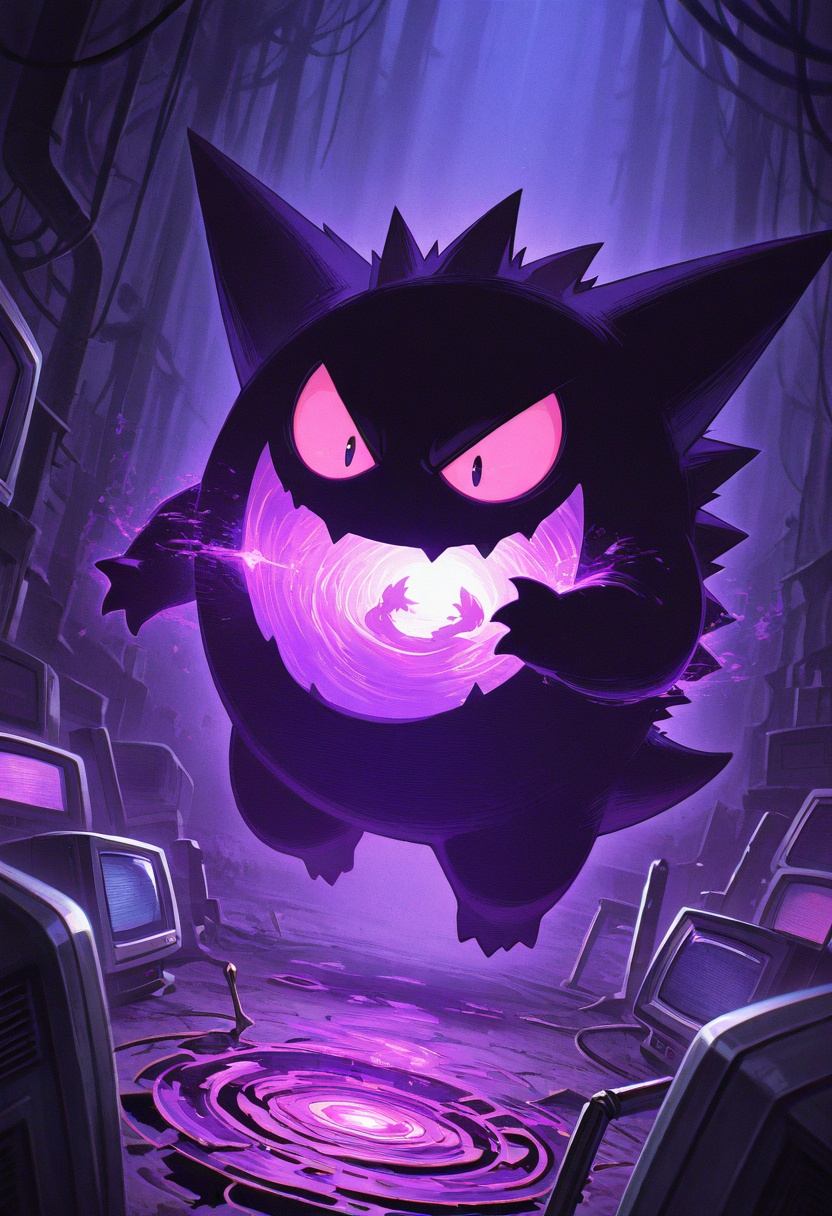 gengar digital phantom1gengar,  pixelated shadow body,  glitching mouth vortex on Tensor.Art