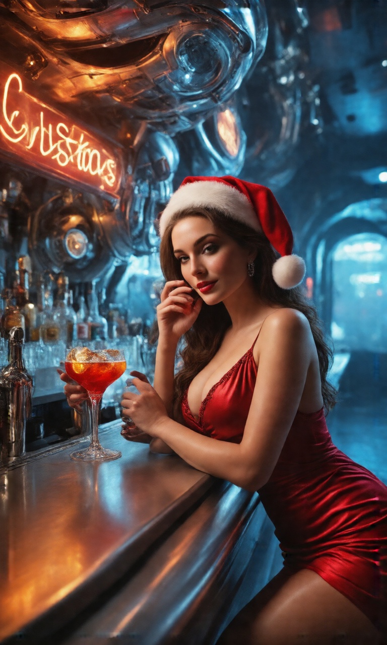 Digixmas. Low-lit,  neon-drenched bar scene: Mrs. Claus,  resplendent in her Santa-inspired attire on Tensor.Art