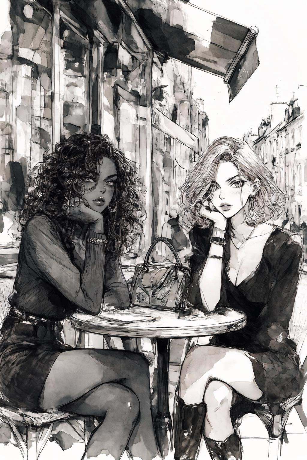 nijiwatercolor1q black and white anime illustration. Two striking women seated at a small,  round outdoor cafe table in wh...